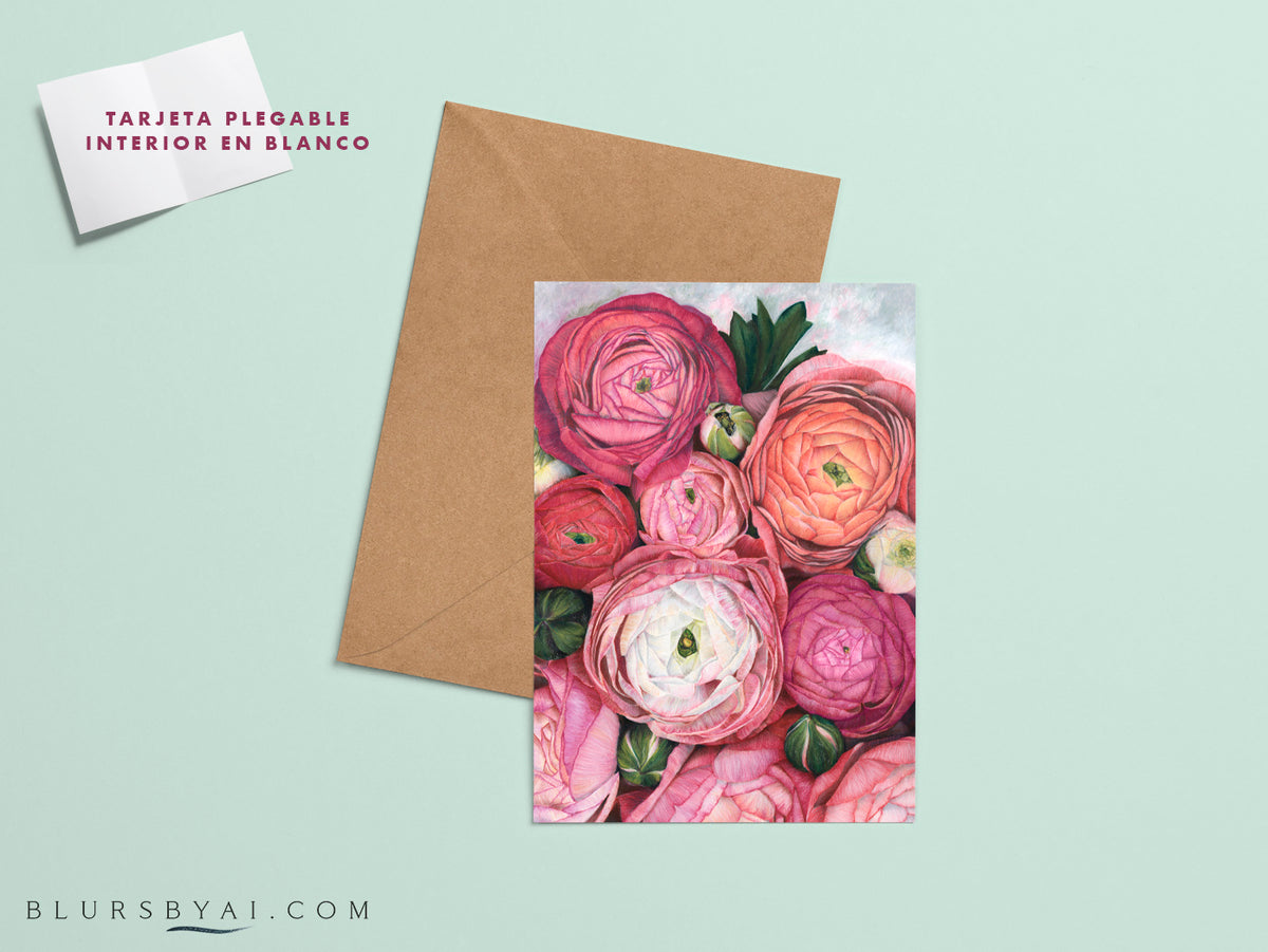 Arleth, tarjeta plegable con dibujo de ranúnculos (con sobre)