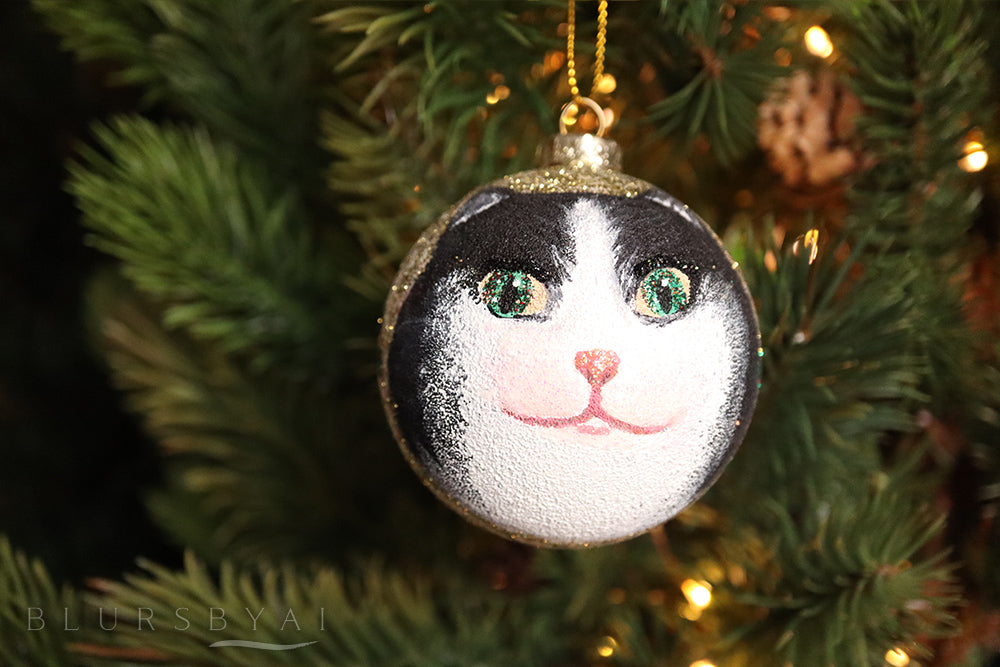 Bola de Navidad pintada a mano con gato blanco y negro cabezón (solo una disponible de cada modelo)