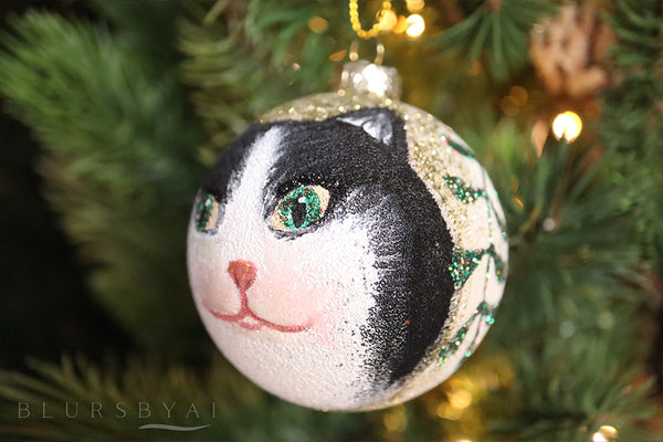 Bola de Navidad pintada a mano con gato blanco y negro cabezón (solo una disponible de cada modelo)
