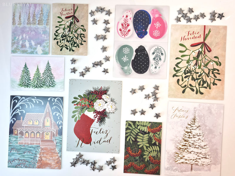 Conjunto de 9 tarjetas navideñas variadas con ilustraciones, dorados y embellecidos
