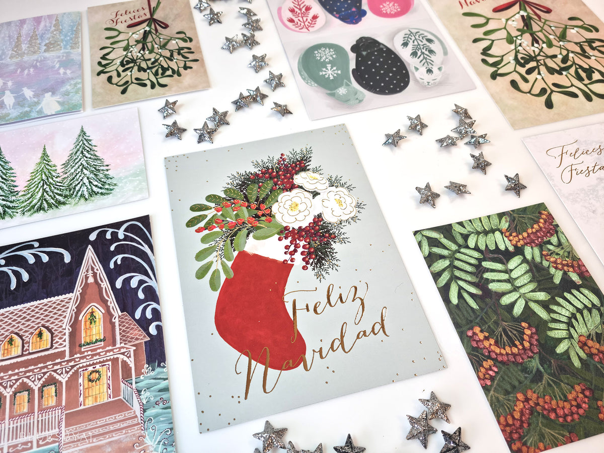 Conjunto de 9 tarjetas navideñas variadas con ilustraciones, dorados y embellecidos