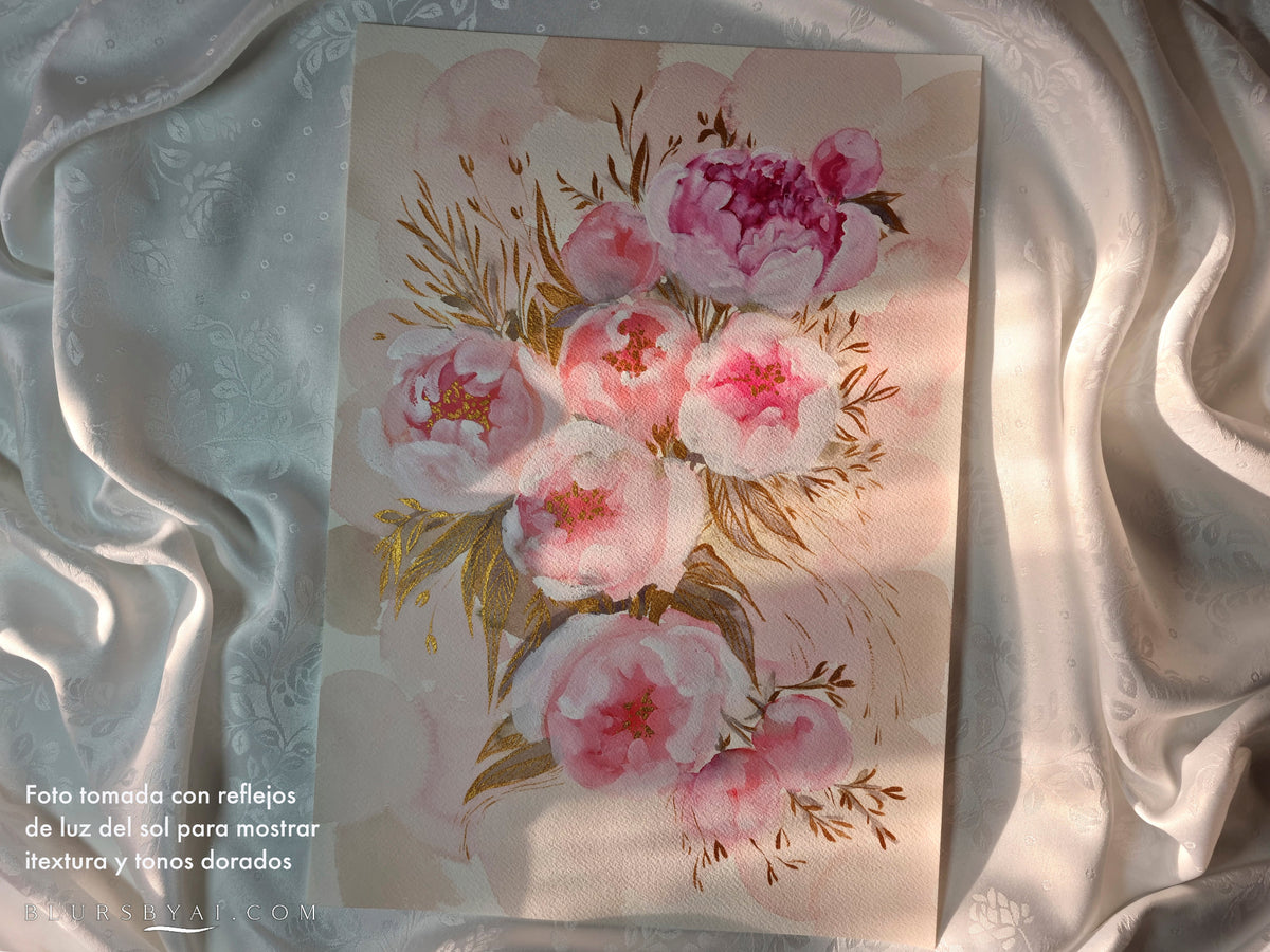 Pilar, lámina original de peonías rosas acuarela en formato DIN-A3