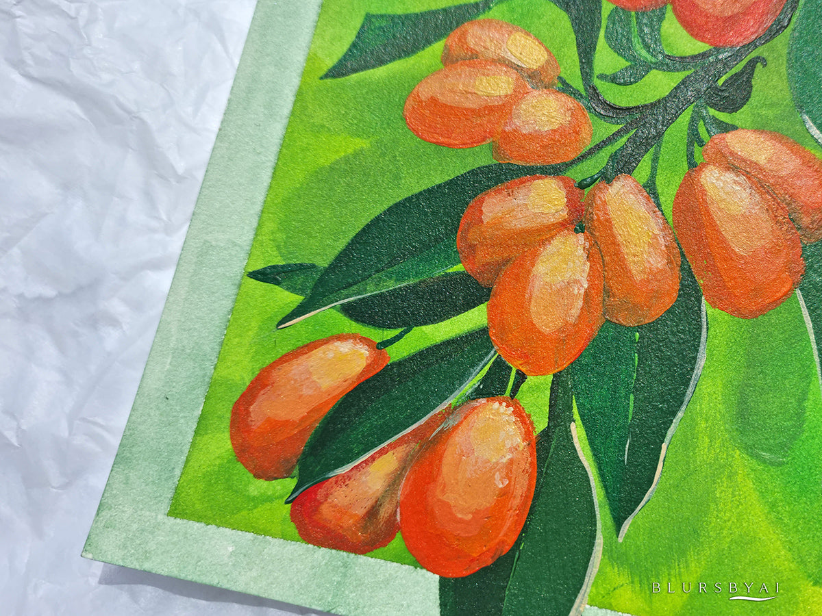 Kumquats, lámina original de rama de cítrico, DIN-A5