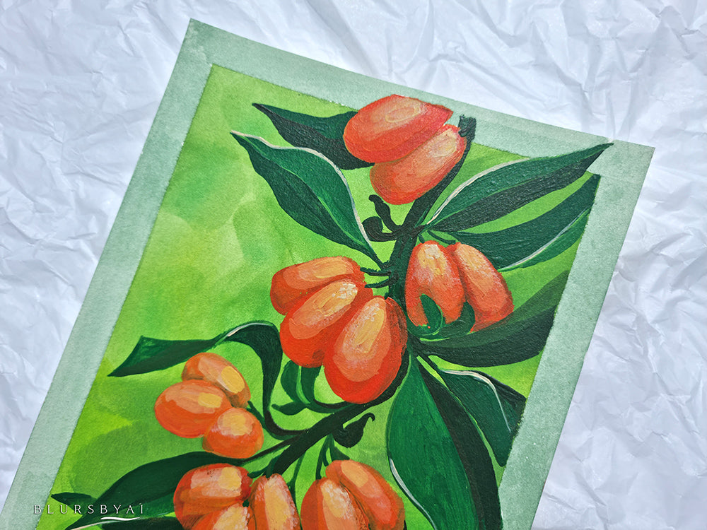 Kumquats, lámina original de rama de cítrico, DIN-A5