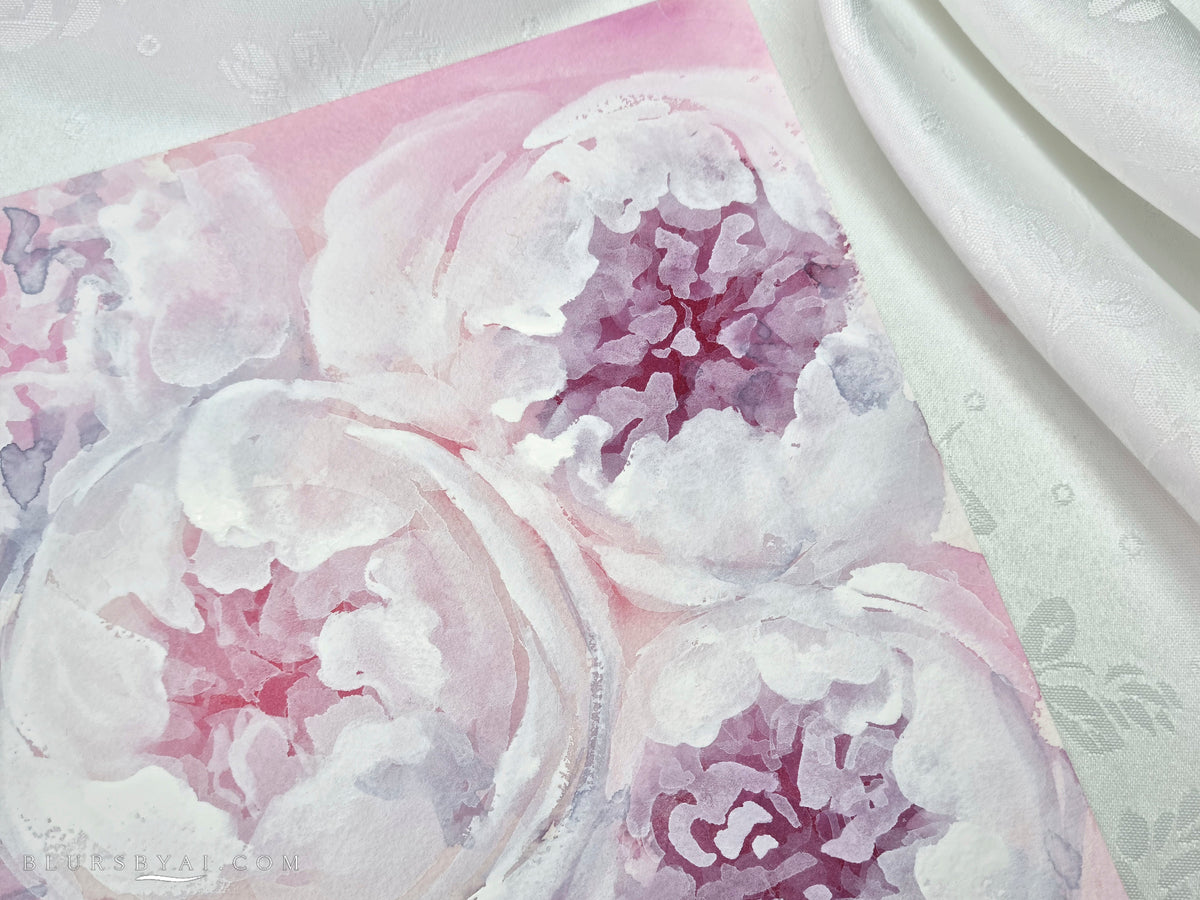 Perséfone, lámina original de peonías rosas acuarela en formato DIN-A3