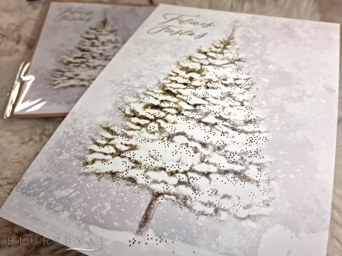 Árbol nevado invernal, tarjeta de felicitación con detalles dorados (con sobre)