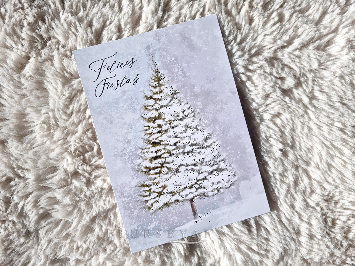 Árbol nevado invernal, tarjeta de felicitación con detalles dorados (con sobre)