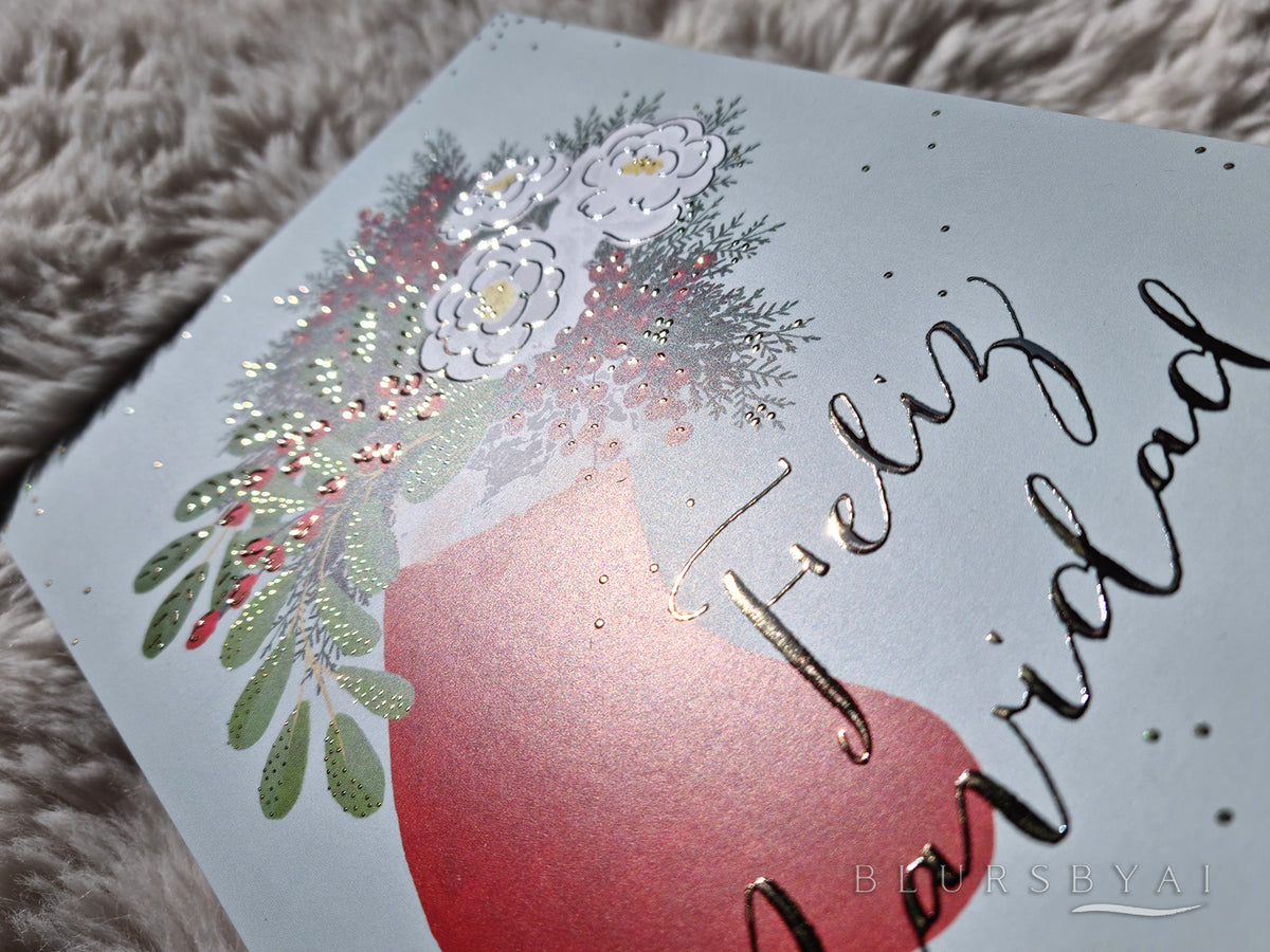 Calcetín navideño con flores y bayas, tarjeta de felicitación con detalles dorados (con sobre)