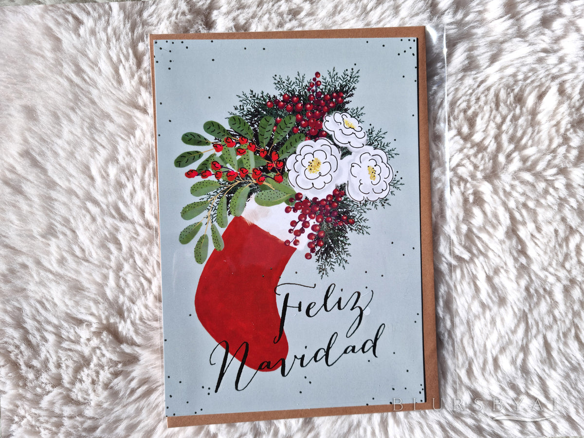 Calcetín navideño con flores y bayas, tarjeta de felicitación con detalles dorados (con sobre)