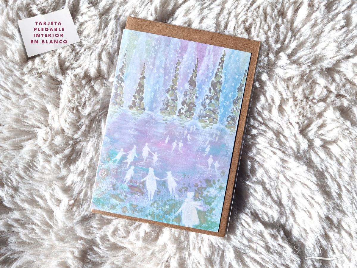 Patinadores en lago helado, tarjeta embellecida a mano con acuarela (con sobre)