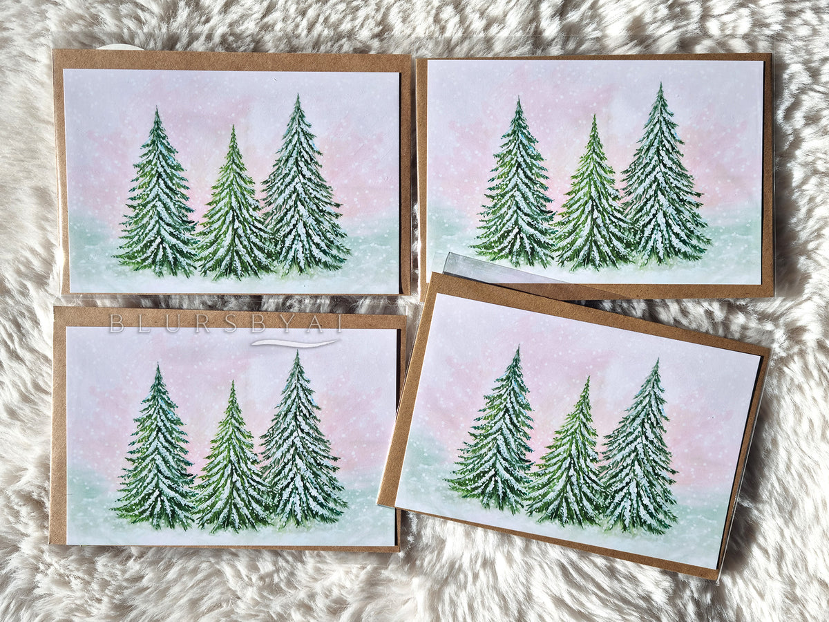 Resplandor invernal, tarjeta con árboles nevados en fondo pastel (con sobre)